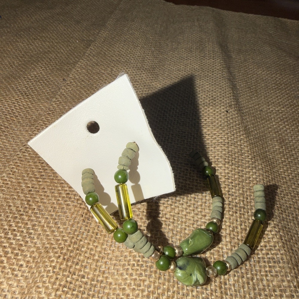 NEW Free People Half Hoops in Green Beach Stone Bom Bom Island Beaded Bohemian